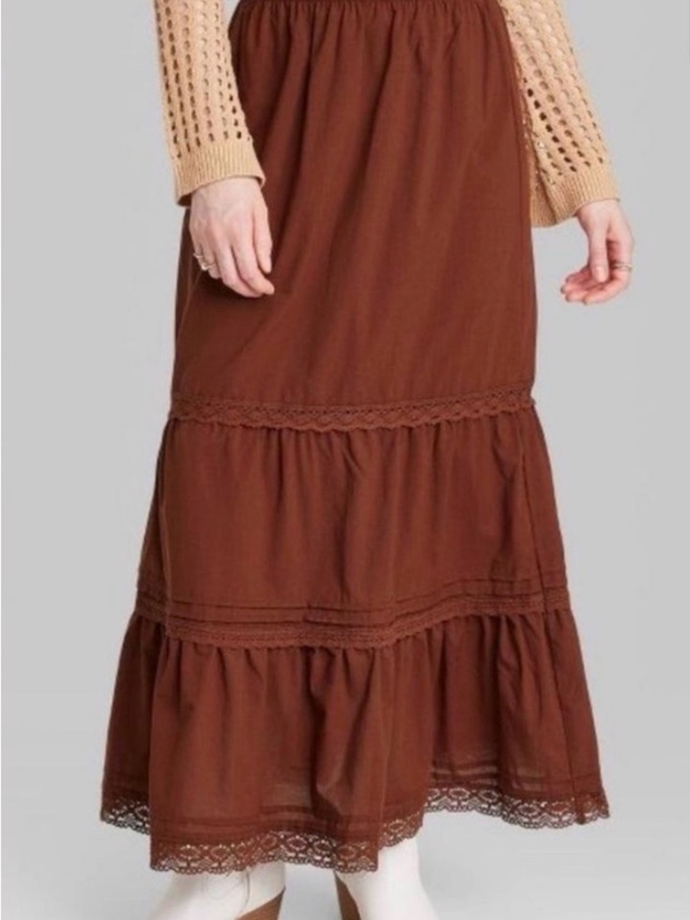wild fable Brown Tiered Maxi Skirt with Lace Trim